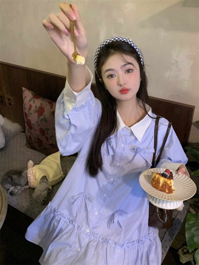 실사 새로운 한 부서 달콤함 연령 감소 무거운 작업 3 차원 나비 매듭 플리츠 루즈핏 긴팔 드레스