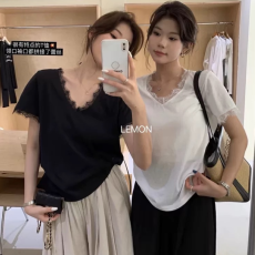 批发<b class='q'>夏</b>装大码女装气质蕾丝花边v领正肩短袖t恤宽松上衣M 4XL200斤