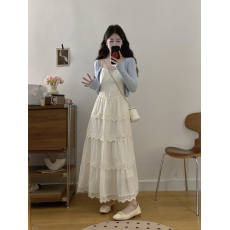 批发微胖大码<b class='q'>吊带</b>连衣裙女春夏<b class='q'>蕾丝</b>边公主蛋糕裙蓝色针织开衫两件套裙