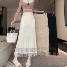 批发法式复古流苏半身裙设计感镂空钩花针织中长款高腰a字包臀一步裙