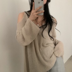 批发胖MM 韩版纯色宽松V领针织衫性感露肩中长款毛衣长袖薄款冰丝罩衫