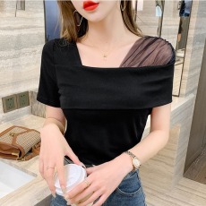 批发2026夏季新款纯欲风拼接<b class='q'>网纱</b>方领打底衫女修身显瘦气质针织<b class='q'>上衣</b>潮