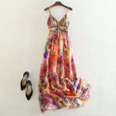 批发一线大品牌高端剪标女装外贸单尾货<b class='q'>清仓</b>吊带印花V领高腰<b class='q'>连衣裙</b>子