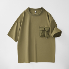 批发实拍2025夏季新款潮牌冰丝弹力短袖t恤男百搭简约口袋装饰圆领T恤