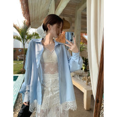 批发晨领实价法式夏季新款polo领宽松衬衫纯欲风中长款<b class='q'>大码</b>开衫上衣女