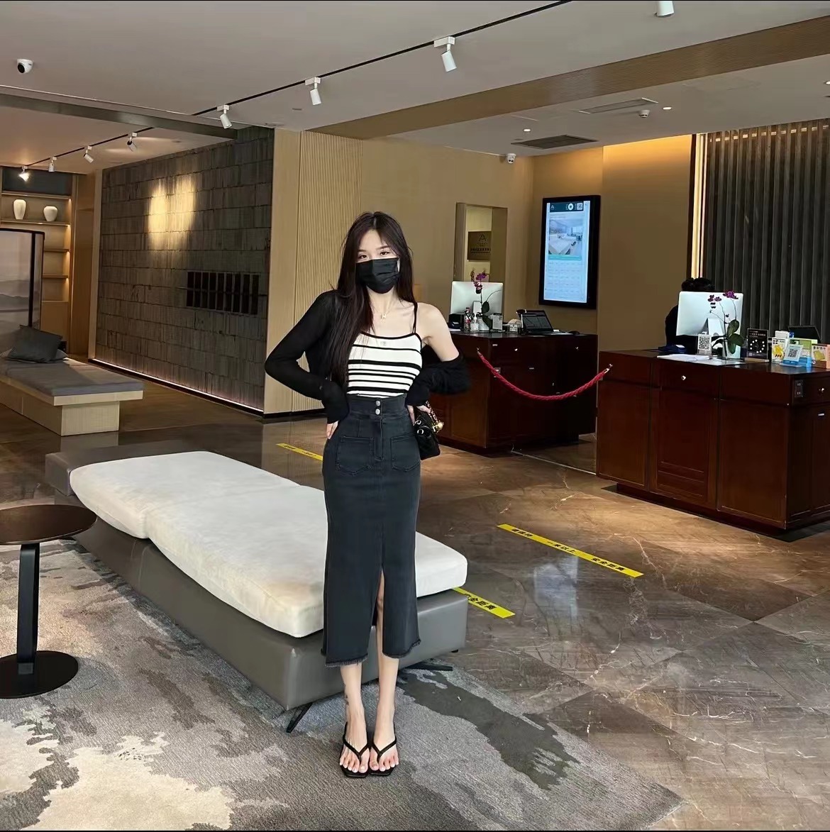 한국 스타일 하이웨이스트 슬림해 보이는 데님 롱 스커트 인어 꼬리 스커트