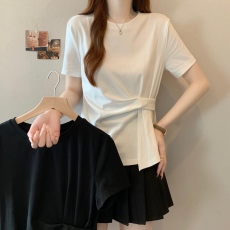 批发韩系设计感褶皱百搭正肩短袖T恤大码女装胖mm<b class='q'>夏</b>季不规则显瘦上衣