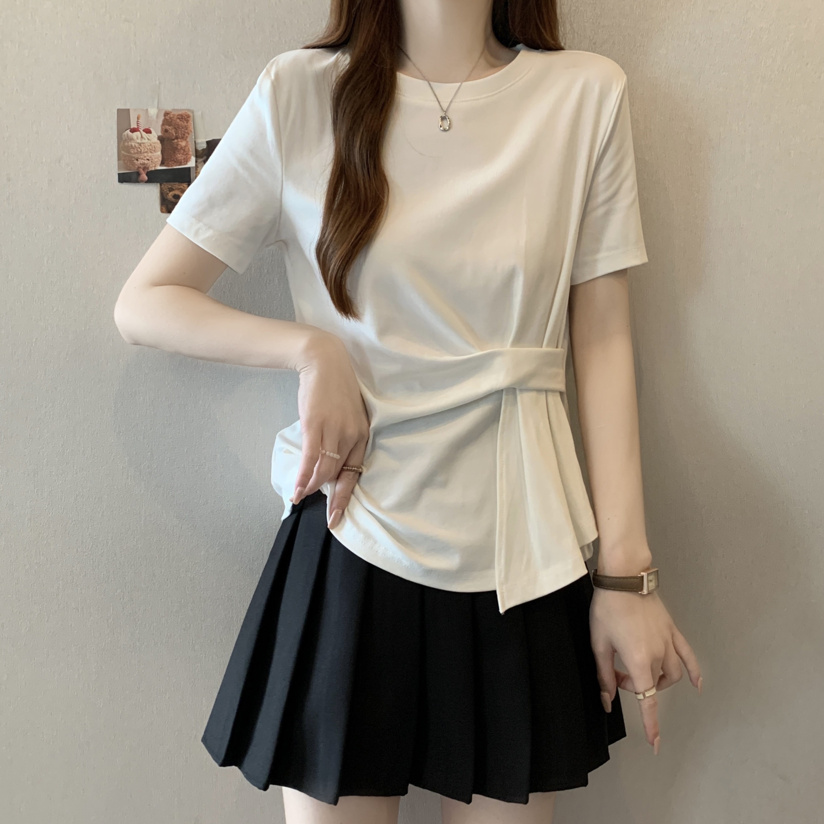 한 부서 디자인 센스 주름 다용도 긍정적 인 어깨 반팔 티셔츠 빅 사이즈 여성 의류 지방 mm 여름 불규칙 슬림해 보이는 맨위