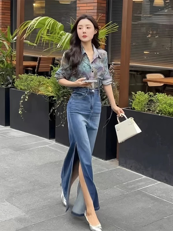 한 부서 레트로 파란색 데님 반신 스커트 새로운 하이웨이스트 양면 트임 디자인 센스 스트레이트 데님 스커트