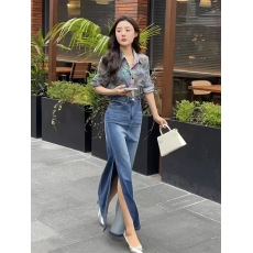 批发# 韩系复古蓝色牛仔半身裙新款高腰两侧开叉设计感直筒牛仔裙