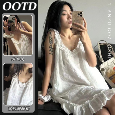 法式高级感少女花边睡衣女款夏季白色甜美吊带连衣裙大码家居睡裙