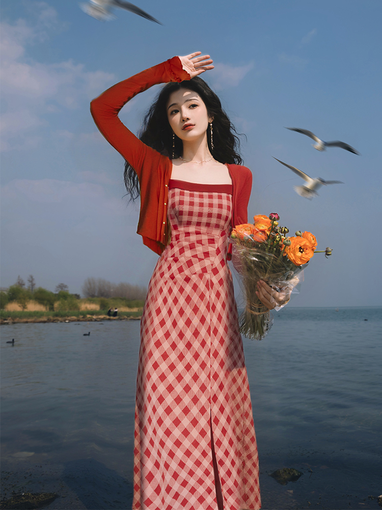 언어 그리스어 실사 빨간색 슬립 드레스 코디 재킷 투피스 세트 세트