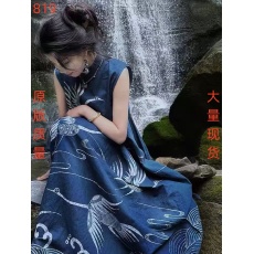 批发<b class='q'>清仓</b>专柜撤柜外贸货原单捡漏女装新中式国风蓝色无袖印花<b class='q'>连衣裙</b>女