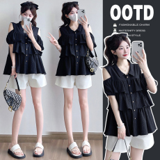 批发实拍 孕妇装<b class='q'>夏</b>季新品露肩荷叶边短袖上衣小衬衫雪纺衫