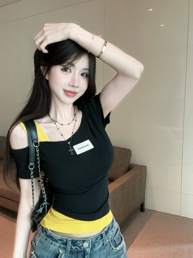 MY7413# 夏季新款撞色斜肩百搭时尚T恤上衣女潮女裝貨源服裝批發