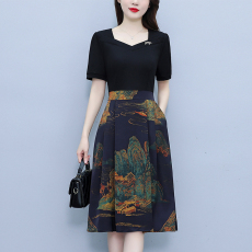 批发<b class='q'>连衣裙</b>女短袖2026夏装新款收腰显瘦时尚A字裙假两件拼接中长裙子