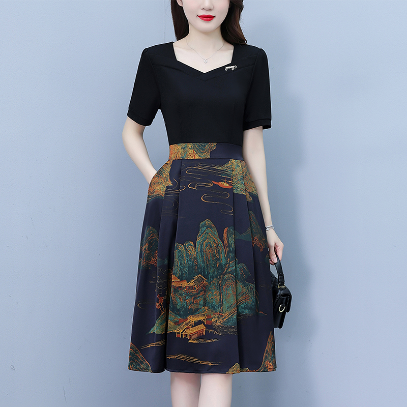 RY263#连衣裙女短袖2026夏装新款收腰显瘦时尚A字裙假两件拼接中长裙...