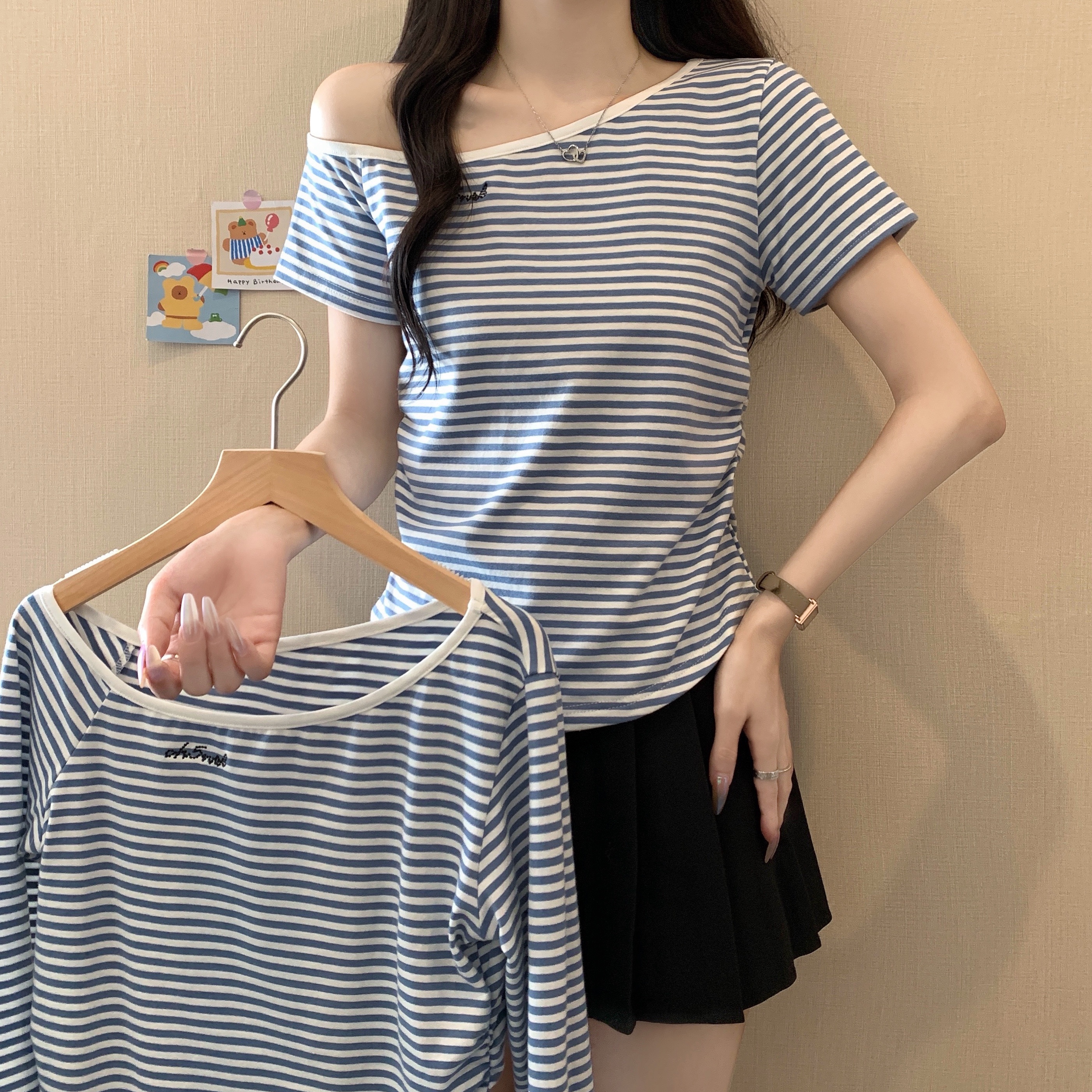 RY345# 春夏新款斜肩辣妹风条纹撞色短袖T恤上衣