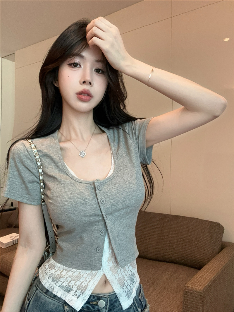 MY3424# 新款甜美短款小个子正肩蕾丝花边假两件短袖t恤上衣女女裝貨源服裝批發