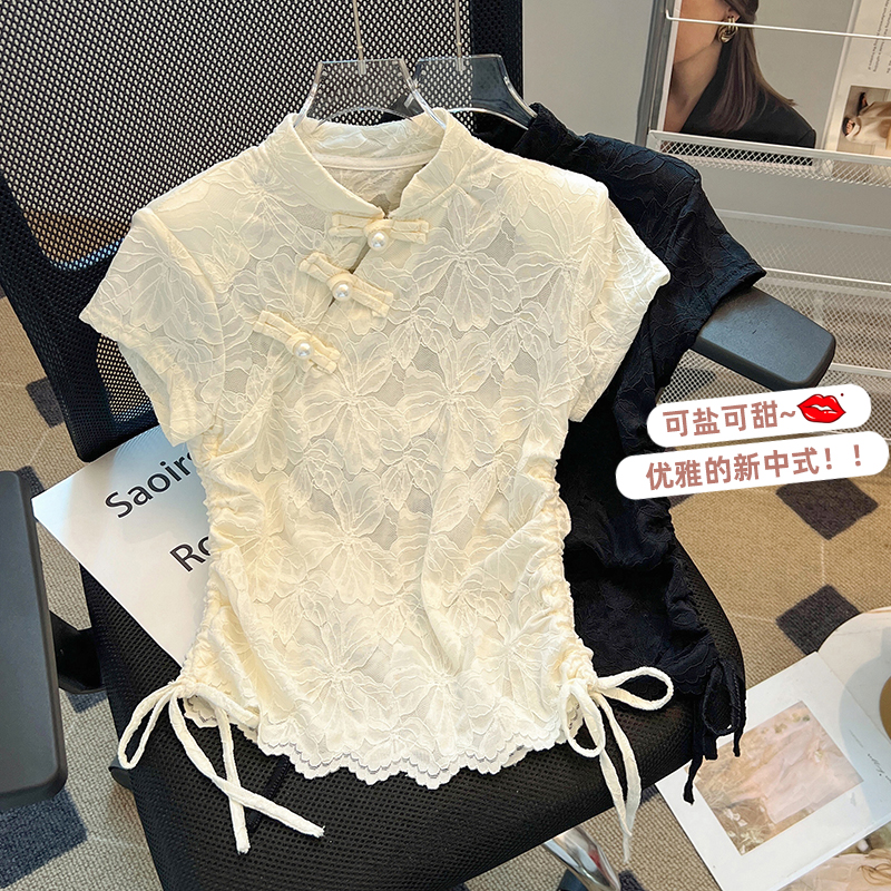 FA15949# 杭州四季青高端女装上衣新中式复古盘扣轻国风斜领透视短袖T恤夏 服裝批發女裝批發服飾貨源