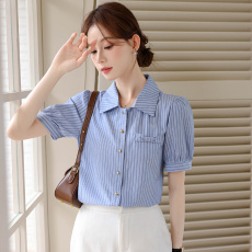 批发蓝色条纹衬衫女夏装2026新款设计感小众宽松长袖衬衣港味复古上衣