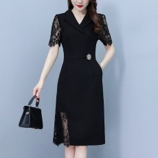 批发高级感短袖蕾丝拼接西装领<b class='q'>连衣裙</b>女夏季2026年新款女神范职业裙子