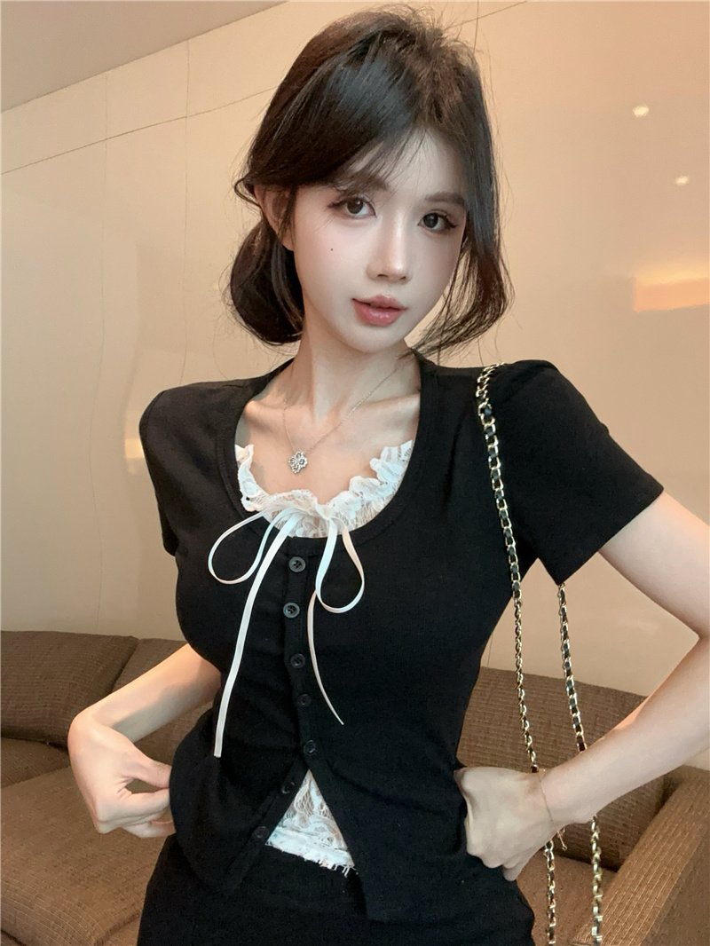 MY3423# 纯欲bm风假两件短袖T恤打底衫女夏季高级感拼接蕾丝上衣女裝貨源服裝批發