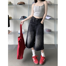 批发实拍夏季新款美式复古高腰宽松直筒阔腿裤女百搭拽酷<b class='q'>七分</b>牛仔裤子