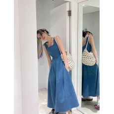 批发蓝色方领法式连衣裙夏季小个子高端优雅气质无袖<b class='q'>背心</b>裙