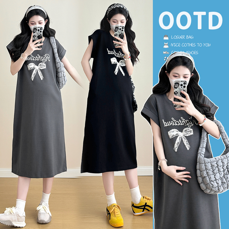 실제 촬영 새로운 여가 느슨한 큰 사이즈 드레스 둥근 목 짧은 소매 티셔츠 치마 여름 활 인쇄 스커트 스커트