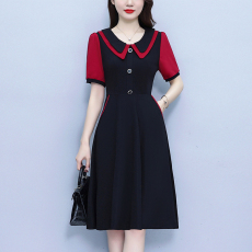 批发假两件拼接<b class='q'>时尚</b>连衣裙夏季新款<b class='q'>潮流</b>短袖显瘦甜美娃娃领名媛A字