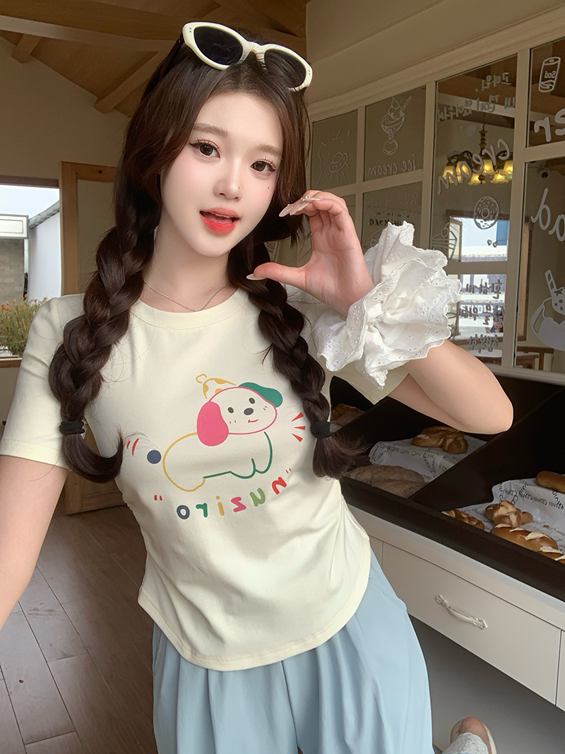 MY3327# 夏装新款胖mm大码女百搭俏皮印花小狗弧形短袖T恤女裝貨源服裝批發