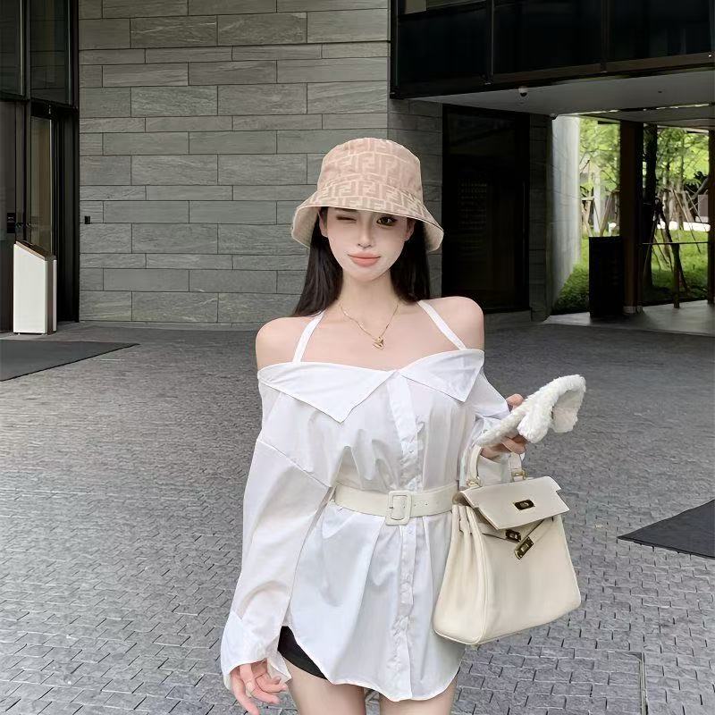 FA14183# 韩版一字肩吊带休闲长袖衬衫女装早春新款高级感中长款衬衫 服裝批發女裝批發服飾貨源