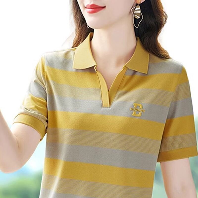 RY1459# 棉45涤5氨纶新款百搭气质翻领小衫女士日常时尚简约条纹T恤