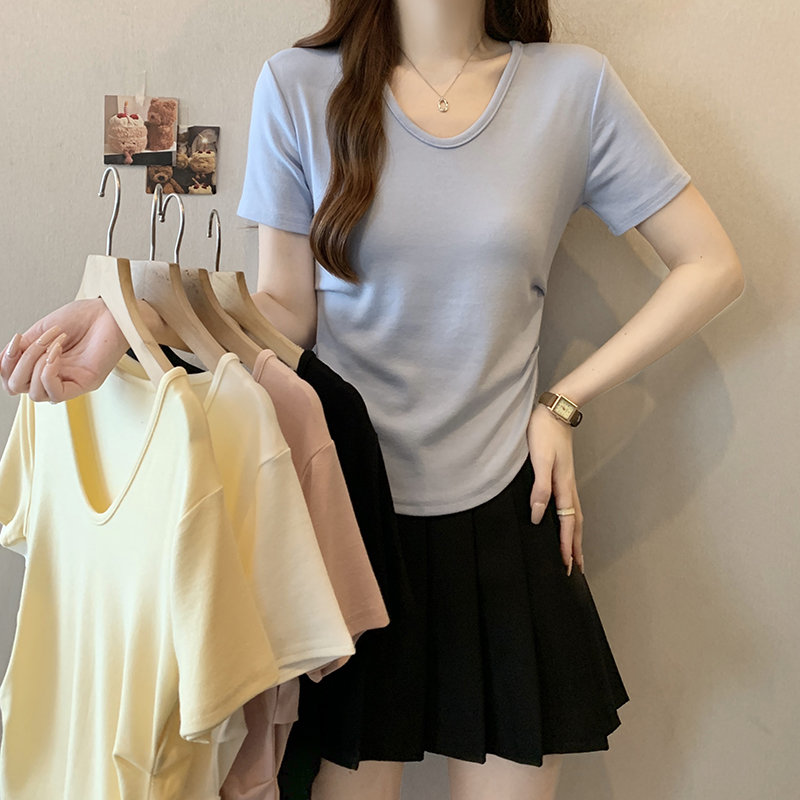MY3329# 夏装新款胖mm大码女韩版减龄纯色圆领抽褶短袖T恤女裝貨源服裝批發