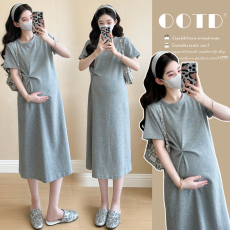 批发实拍~2026夏季简约经典圆领修身打结孕妇短袖针织<b class='q'>连衣裙</b>大码