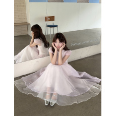 批发实拍实价~法式甜美设计感<b class='q'>欧根纱</b>泡泡袖蓬蓬连衣裙