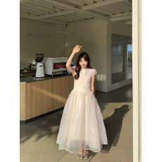 批发实拍实价~法式甜美设计感<b class='q'>欧根纱</b>泡泡袖蓬蓬连衣裙