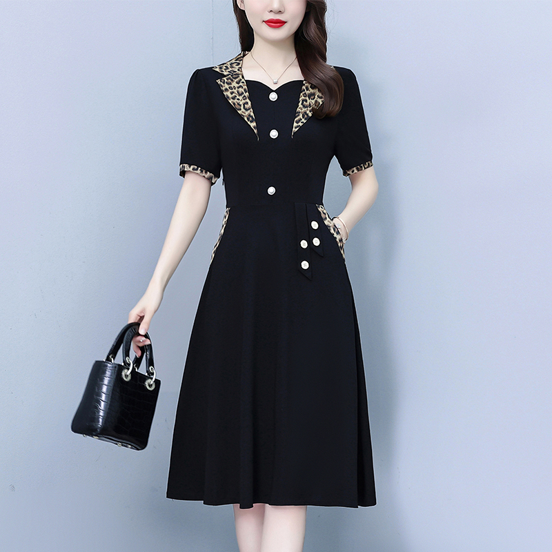 MY8635# 豹纹拼接假两件套大码女装胖mm气质短袖连衣裙夏季新款阔太太...