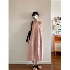 批发粉色简约宽松无袖连衣裙女夏季2026新款法式度假风中<b class='q'>长款</b><b class='q'>背心</b>裙子
