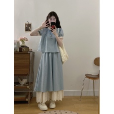 批发实拍蕾丝拼接新中式牛仔短袖衬衫+半身裙女夏套装复古两件套