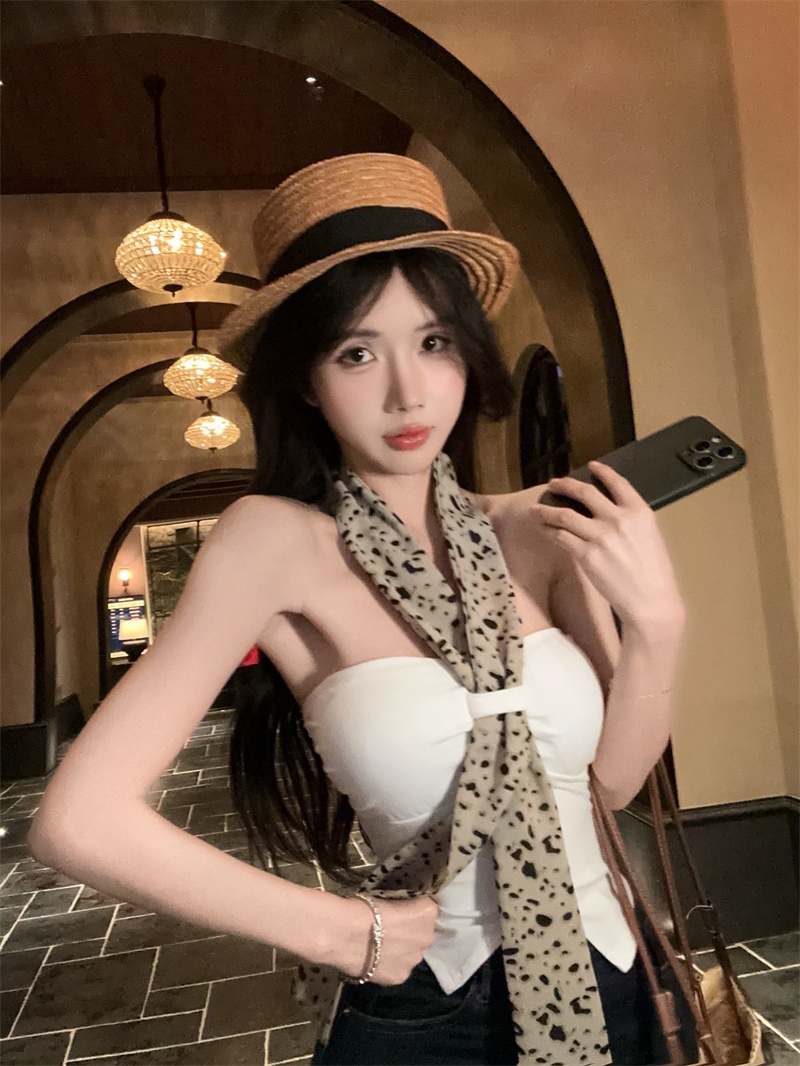 FA35352# 豹纹丝巾挂脖吊带背心女外穿夏季辣妹抹胸带胸垫上衣 服裝批發女裝批發服飾貨源