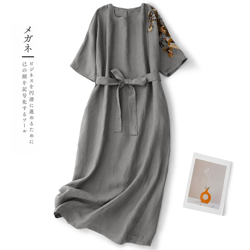 실사 컬러 짜임 면 린넨 레트로 여성 드레스 2025 봄 여름 새로운 젠 소박한 문예 빅 사이즈 루즈핏 롱 스커트