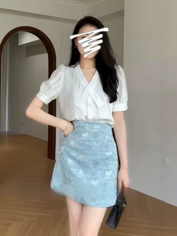 MY8585# 法式飘带气质衬衫+高腰提花A字半裙女裝貨源服裝批發