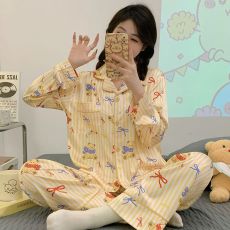 批发[黛琳芬]仿棉长袖长裤女士<b class='q'>睡衣</b>新品<b class='q'>可爱</b>卡通翻领家居服pajamas301