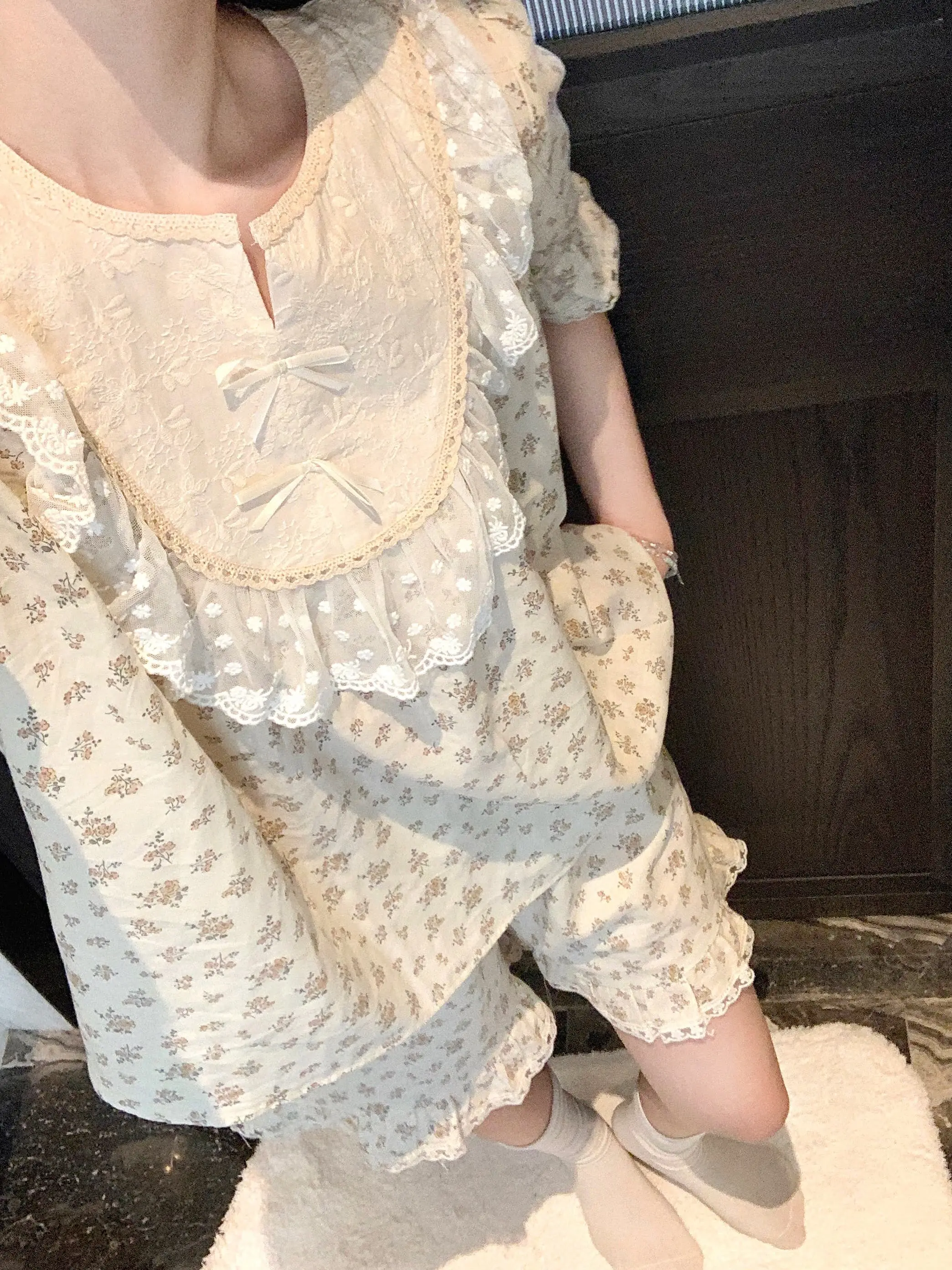 러블리 레이스 플라워 더블 거즈 홈웨어 세트 상세 이미지 4
