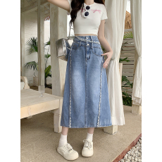 批发实拍2026夏装新款胖mm<b class='q'>大码</b>女设计感蕾丝花边牛仔裙高腰显瘦半身裙