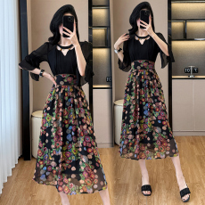 批发实拍大码女装夏季腰身珍珠装饰显瘦拼接碎花雪纺中长<b class='q'>连衣裙</b>短袖