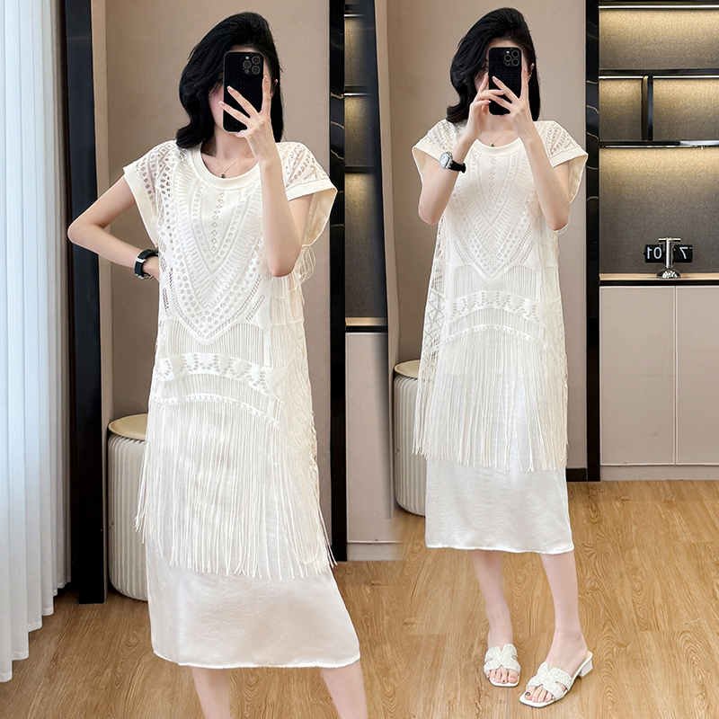 FA14187# 大码女装夏季新款名媛风时尚流苏遮肚显瘦中长款宽松连衣裙 服裝批發女裝批發服飾貨源