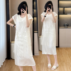 批发实拍大码女装夏季新款名媛风时尚流苏遮肚显瘦中长款宽松<b class='q'>连衣裙</b>